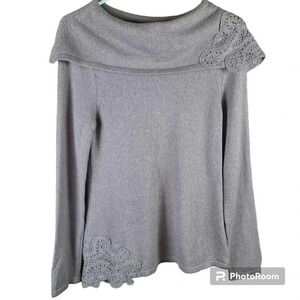SOFT Surroundings oversized collared long sleeve sweater with crocheted details.